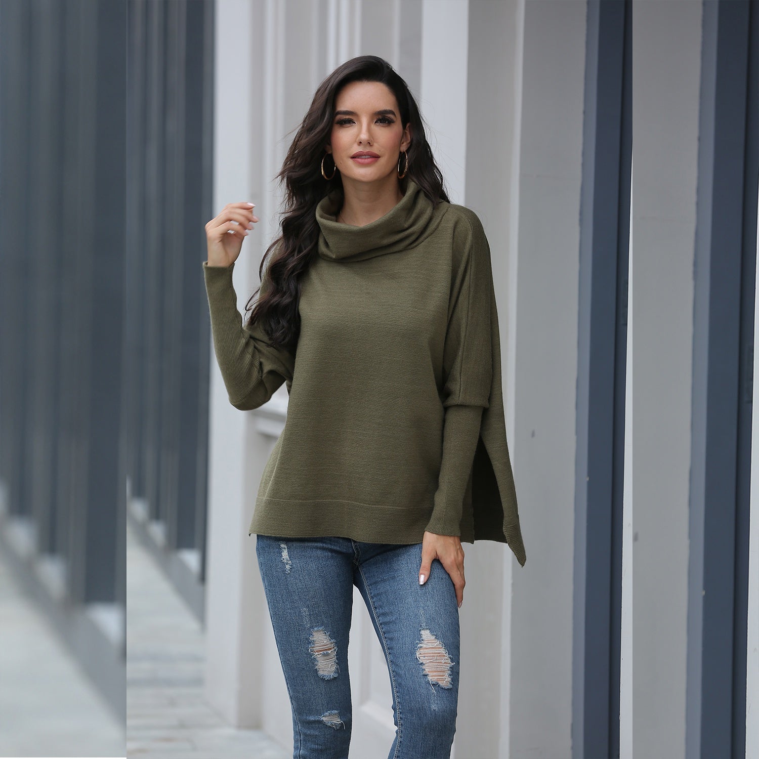 Chic Loose-Fit Dolman-Sleeve Turtleneck Sai Feel