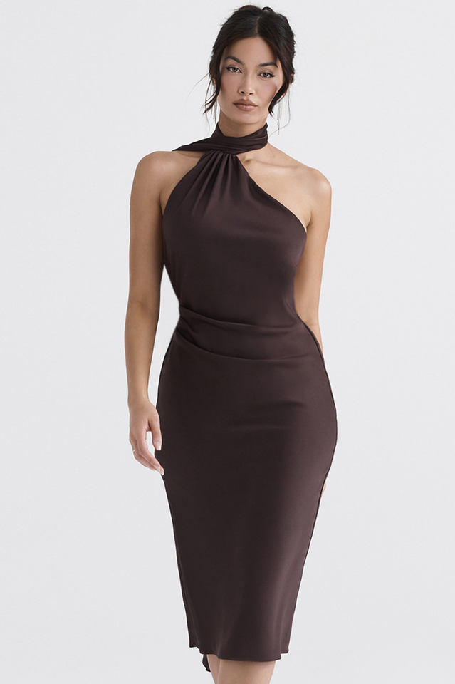 Chocolate Wrap Neck Midi Dress Sai Feel