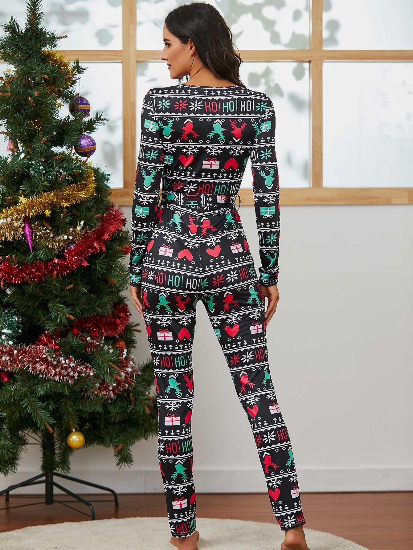 Christmas Pattern V Neck Jumpsuit Sai Feel