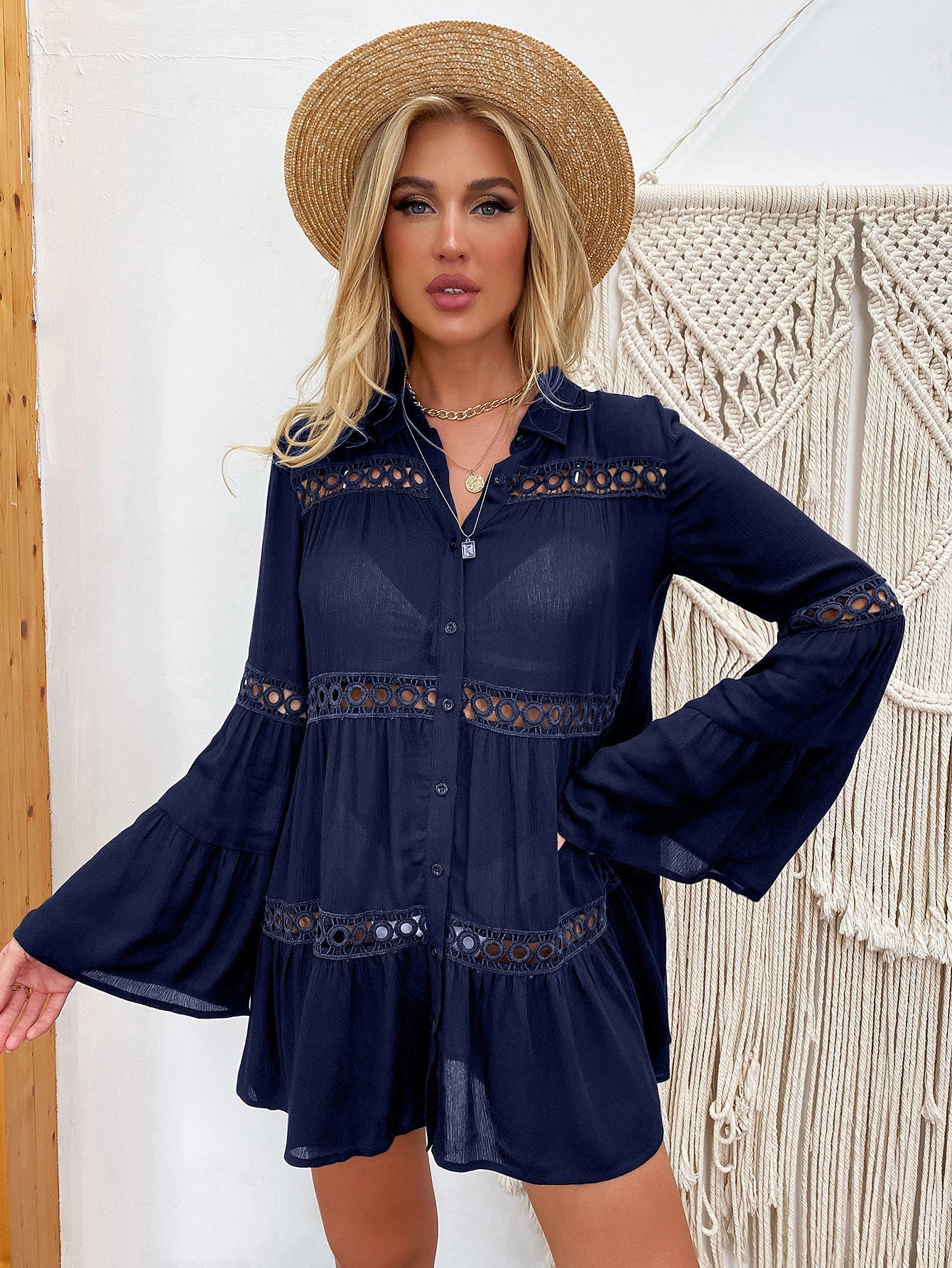 Circle Lace Insert Bell Sleeve Layered Cover Up Sai Feel