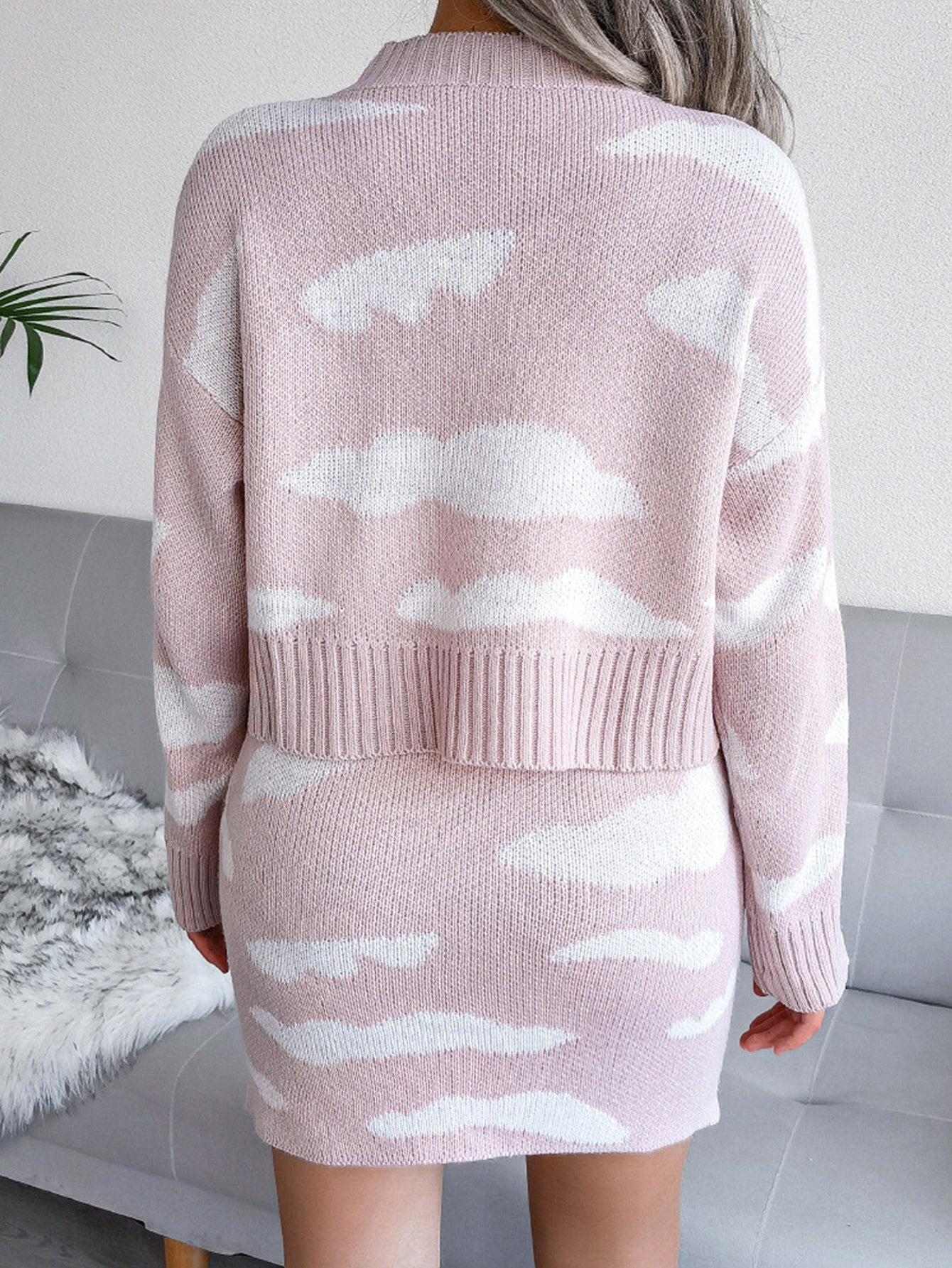 Clouds Pattern Drop Shoulder Sweater & Skirt Sai Feel