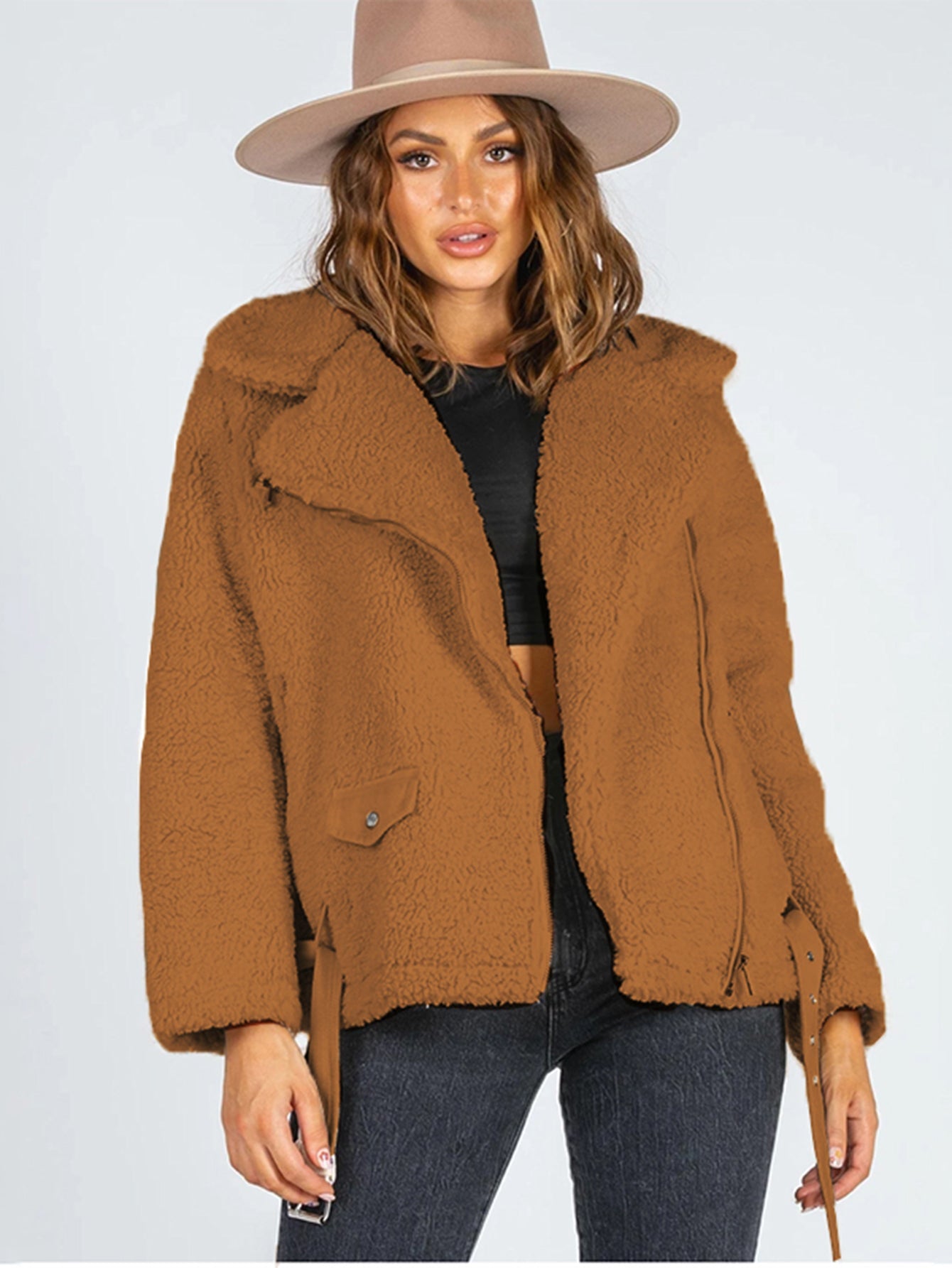 Collared Single Breasted Pocket Front Teddy Coat Sai Feel