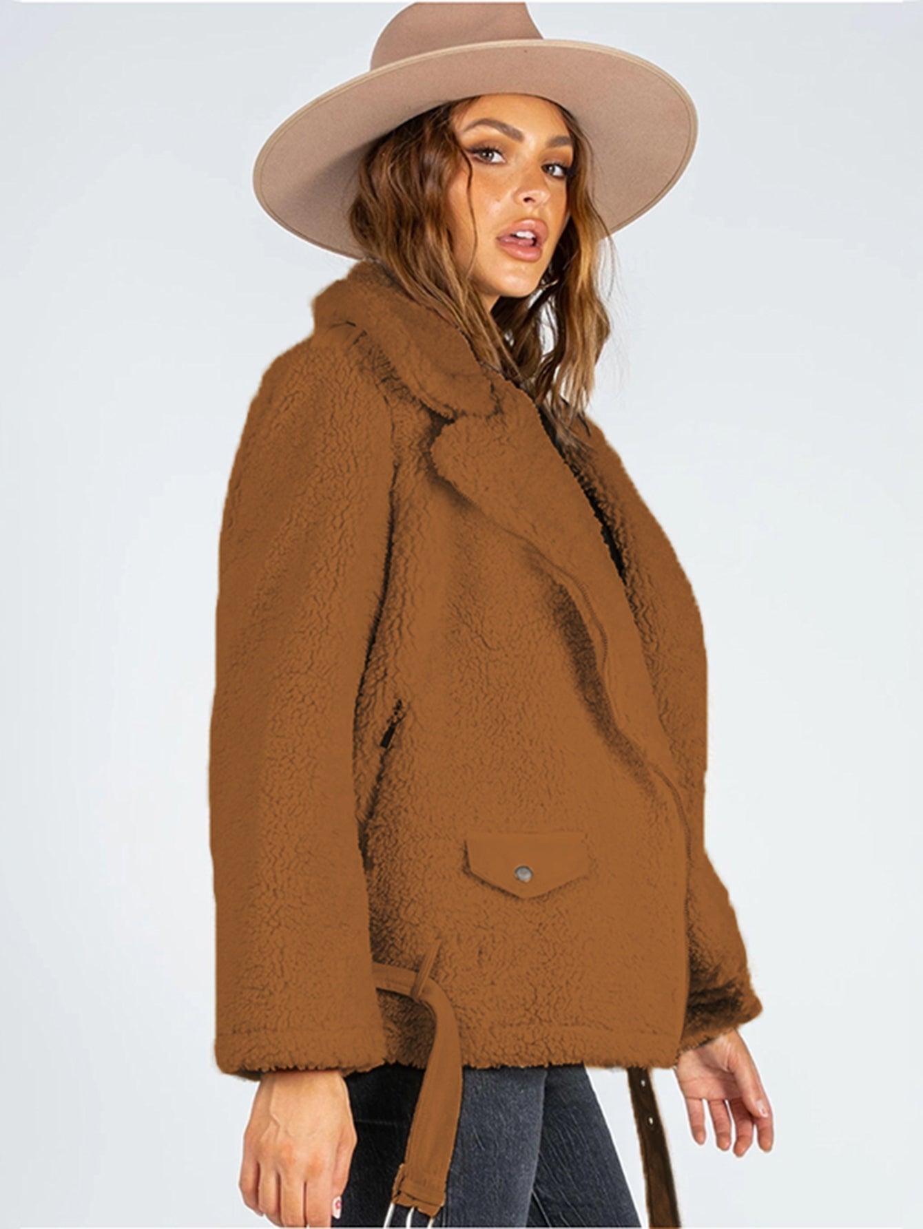 Collared Single Breasted Pocket Front Teddy Coat Sai Feel