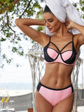Color Block 2 Piece Bikini Set Adjustable Straps Clasp Top Triangle Bottom Swimsuit Sai Feel