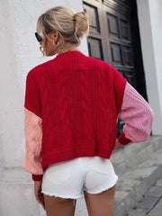 Color Block Cable Design Button Front Cardigan Sai Feel
