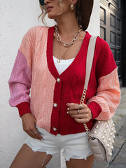 Color Block Cable Design Button Front Cardigan Sai Feel