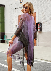 Color Block Fringed Cover Up Shawl Sai Feel