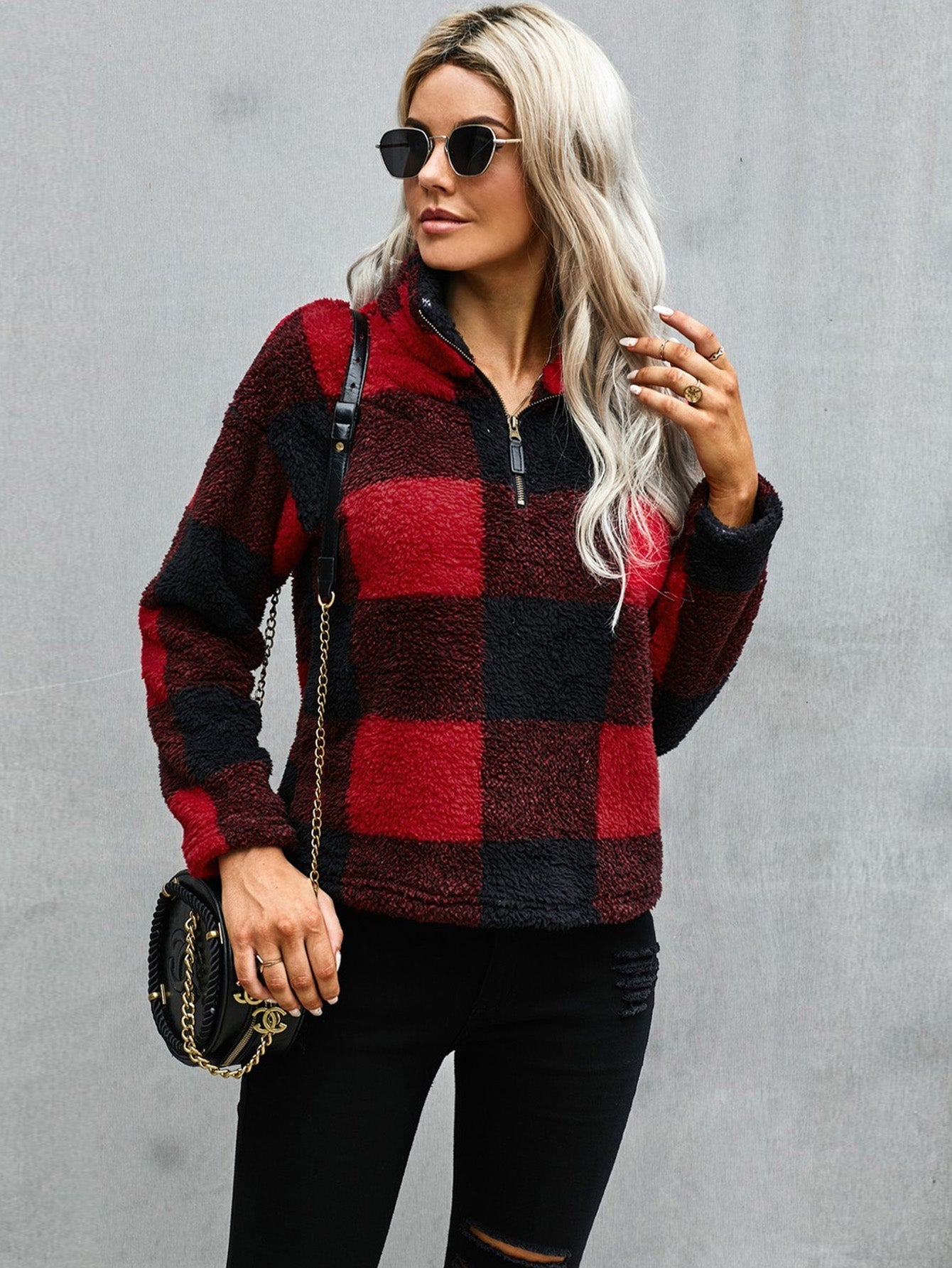 Color Block Sweatshirt Sherpa Long Sleeve Half Zip Pullover Coat Sai Feel