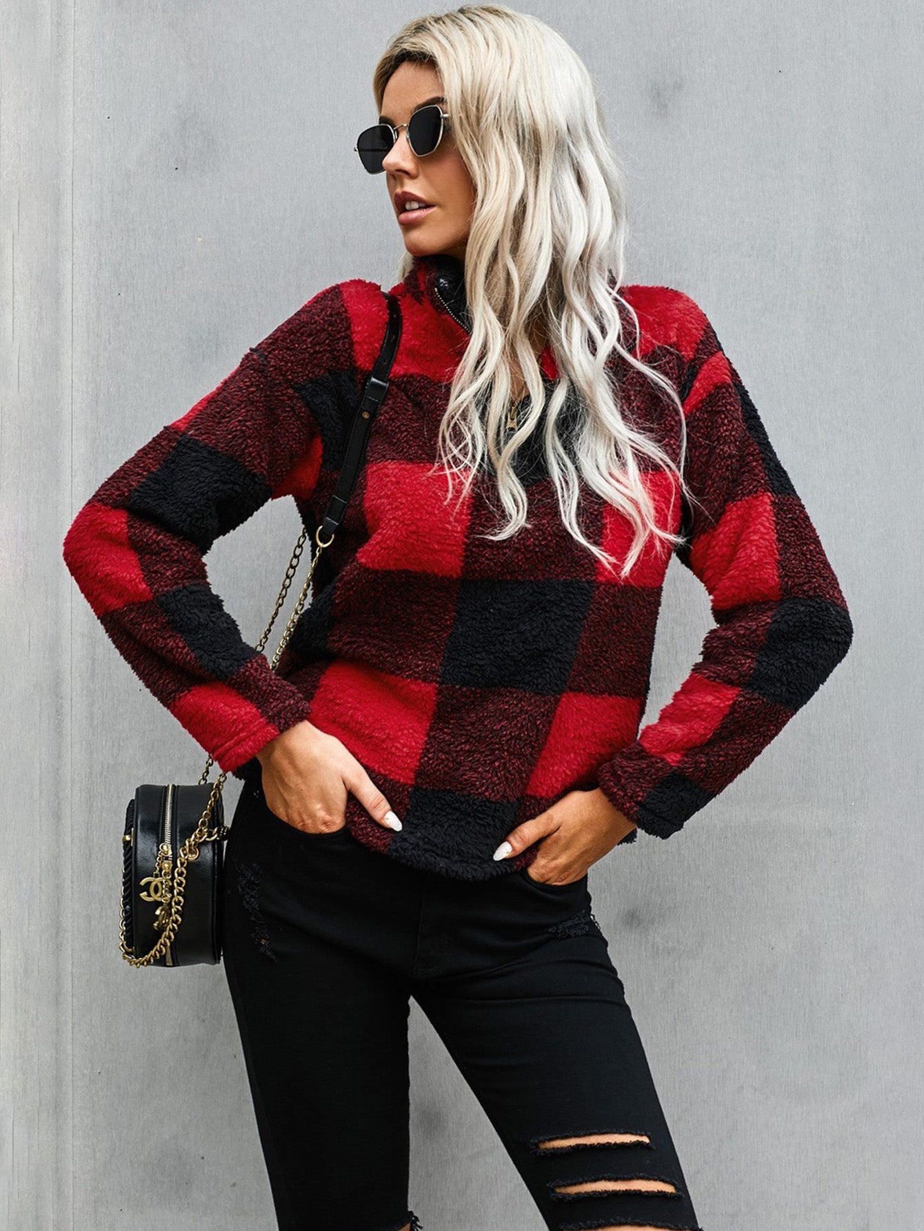 Color Block Sweatshirt Sherpa Long Sleeve Half Zip Pullover Coat Sai Feel