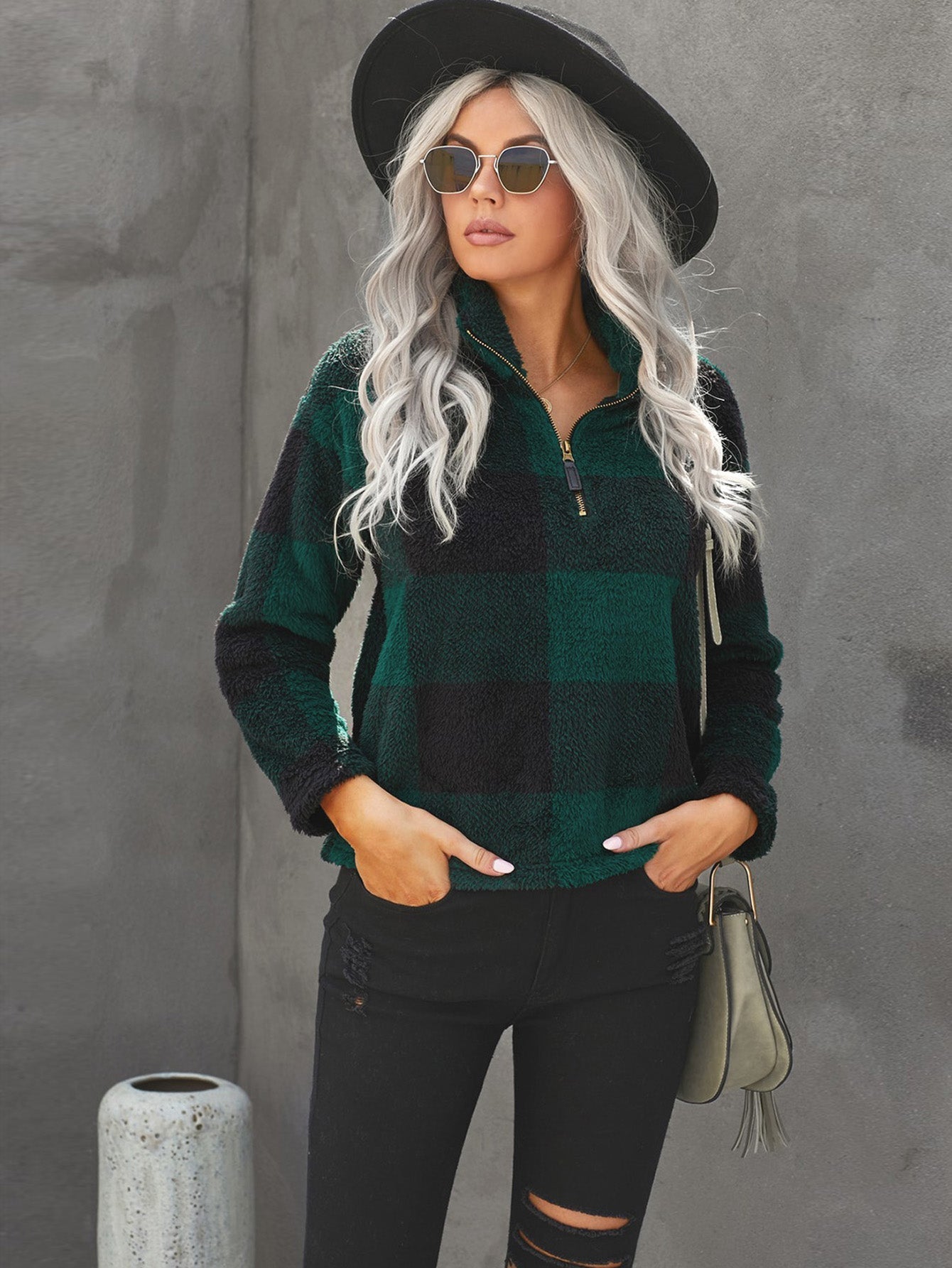 Color Block Sweatshirt Sherpa Long Sleeve Half Zip Pullover Coat Sai Feel