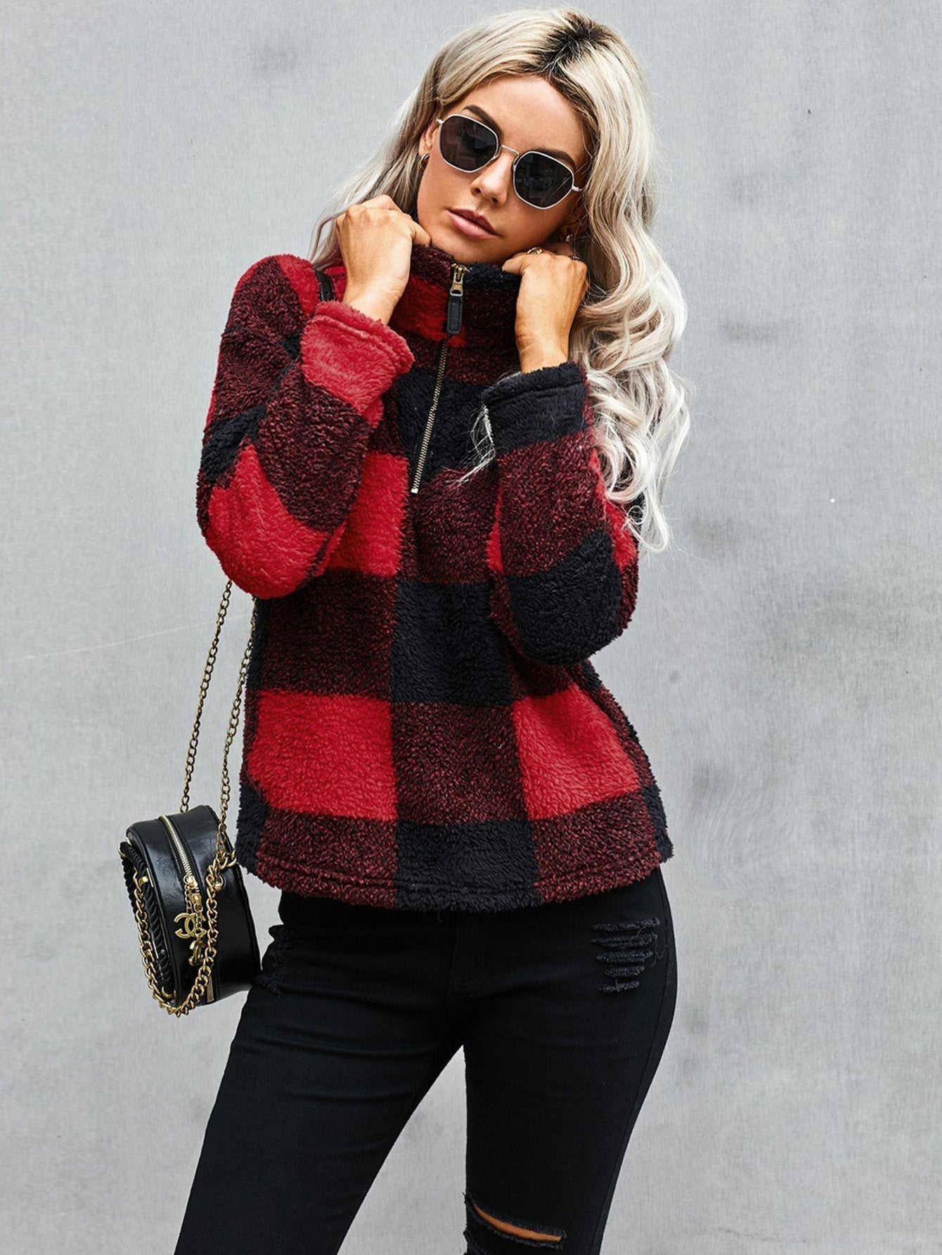 Color Block Sweatshirt Sherpa Long Sleeve Half Zip Pullover Coat Sai Feel