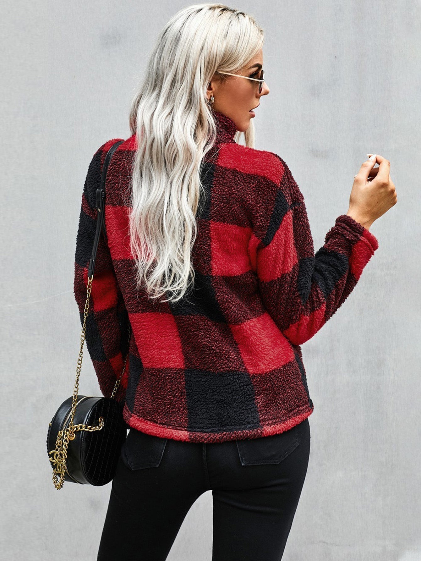 Color Block Sweatshirt Sherpa Long Sleeve Half Zip Pullover Coat Sai Feel