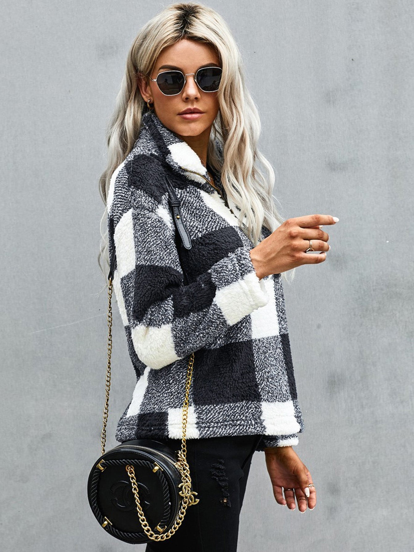 Color Block Sweatshirt Sherpa Long Sleeve Half Zip Pullover Coat Sai Feel