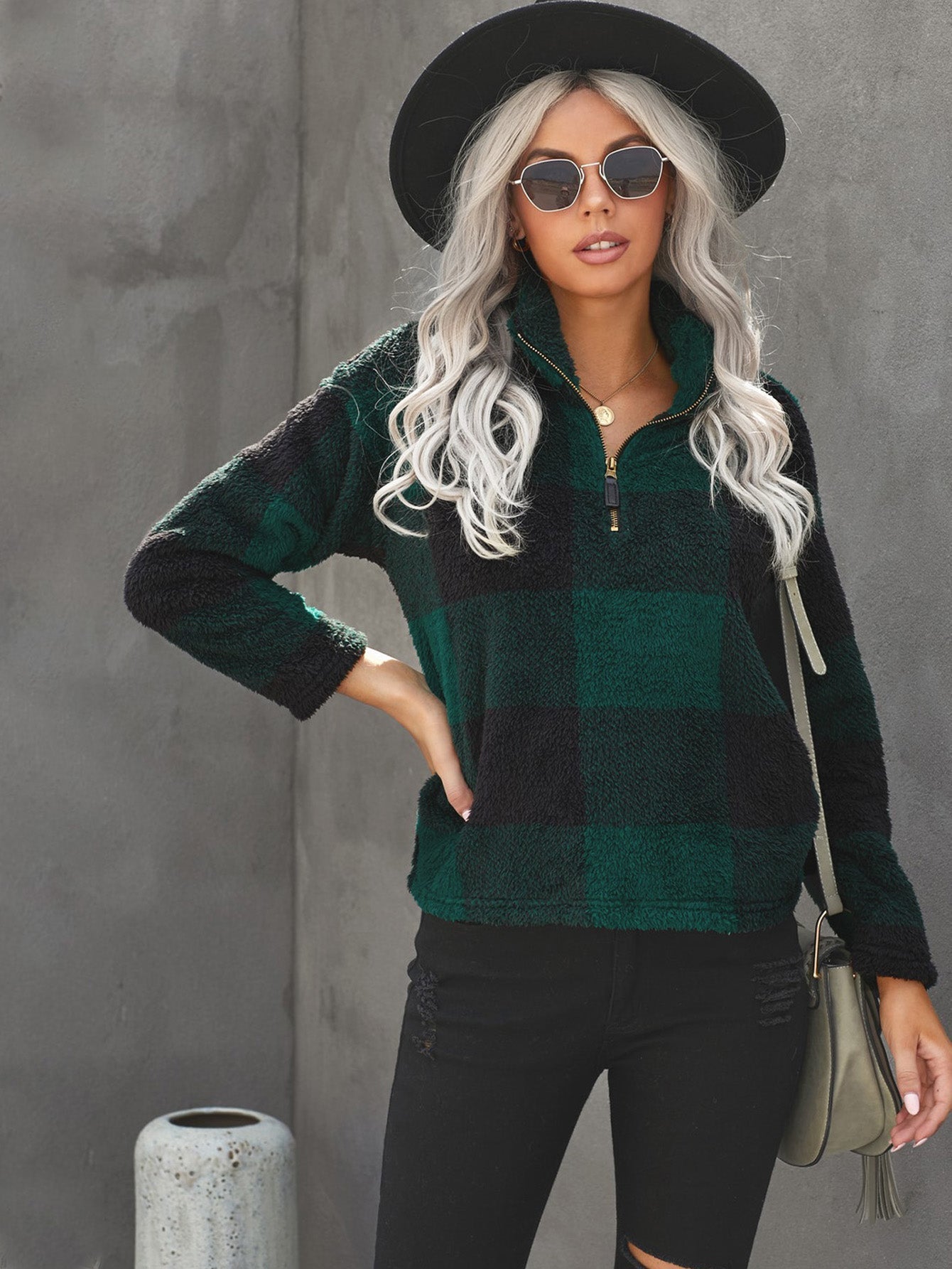 Color Block Sweatshirt Sherpa Long Sleeve Half Zip Pullover Coat Sai Feel
