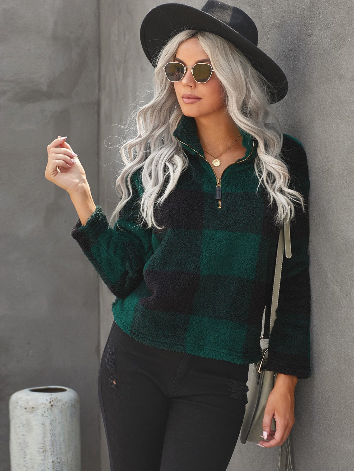 Color Block Sweatshirt Sherpa Long Sleeve Half Zip Pullover Coat Sai Feel