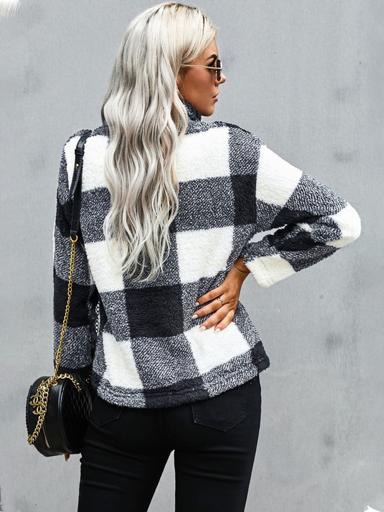 Color Block Sweatshirt Sherpa Long Sleeve Half Zip Pullover Coat Sai Feel