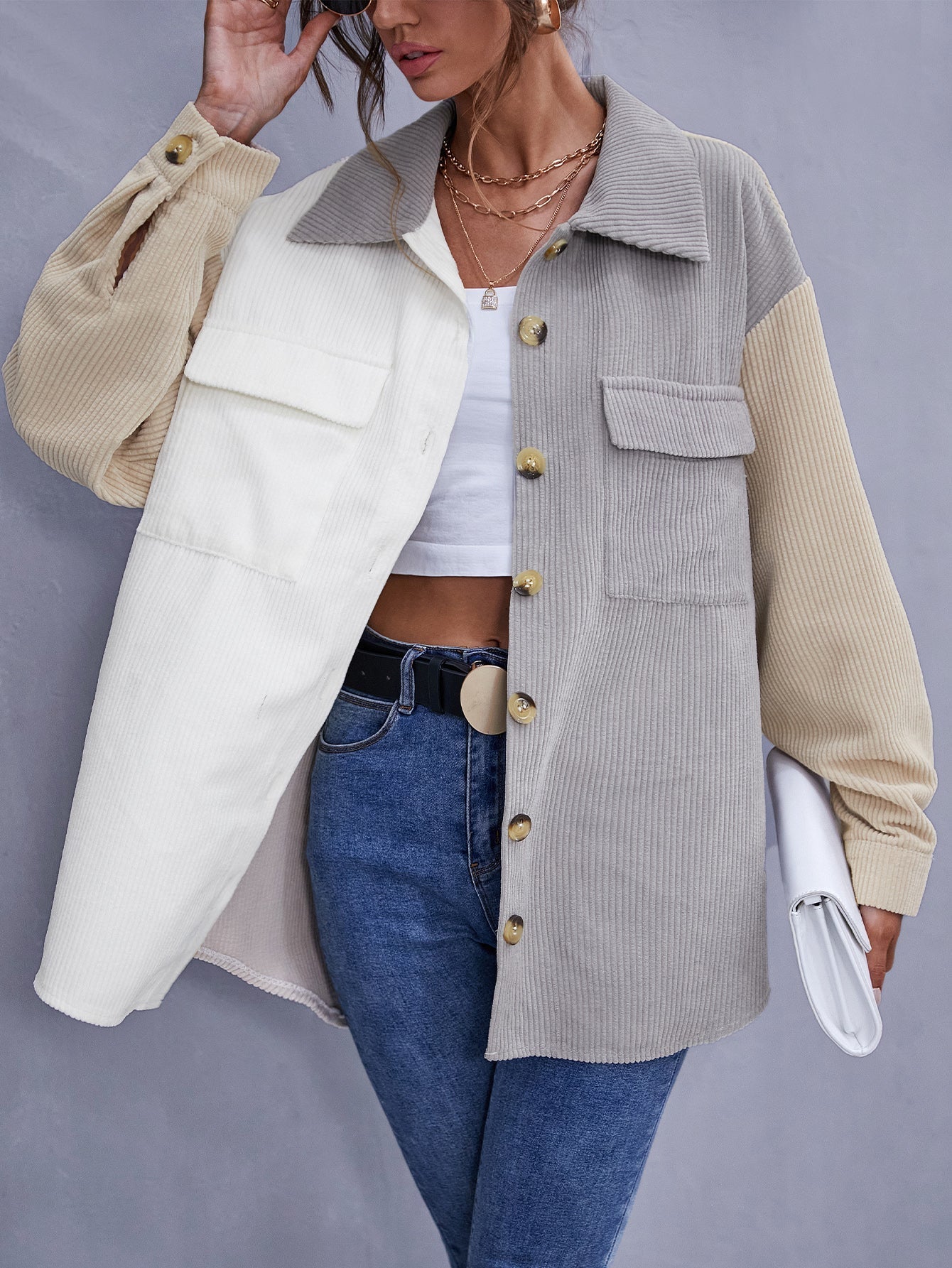 Colorblock Flap Pocket Corduroy Blouse Sai Feel