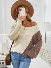 Colorblock Knitted Puff Sleeve Sweater Sai Feel