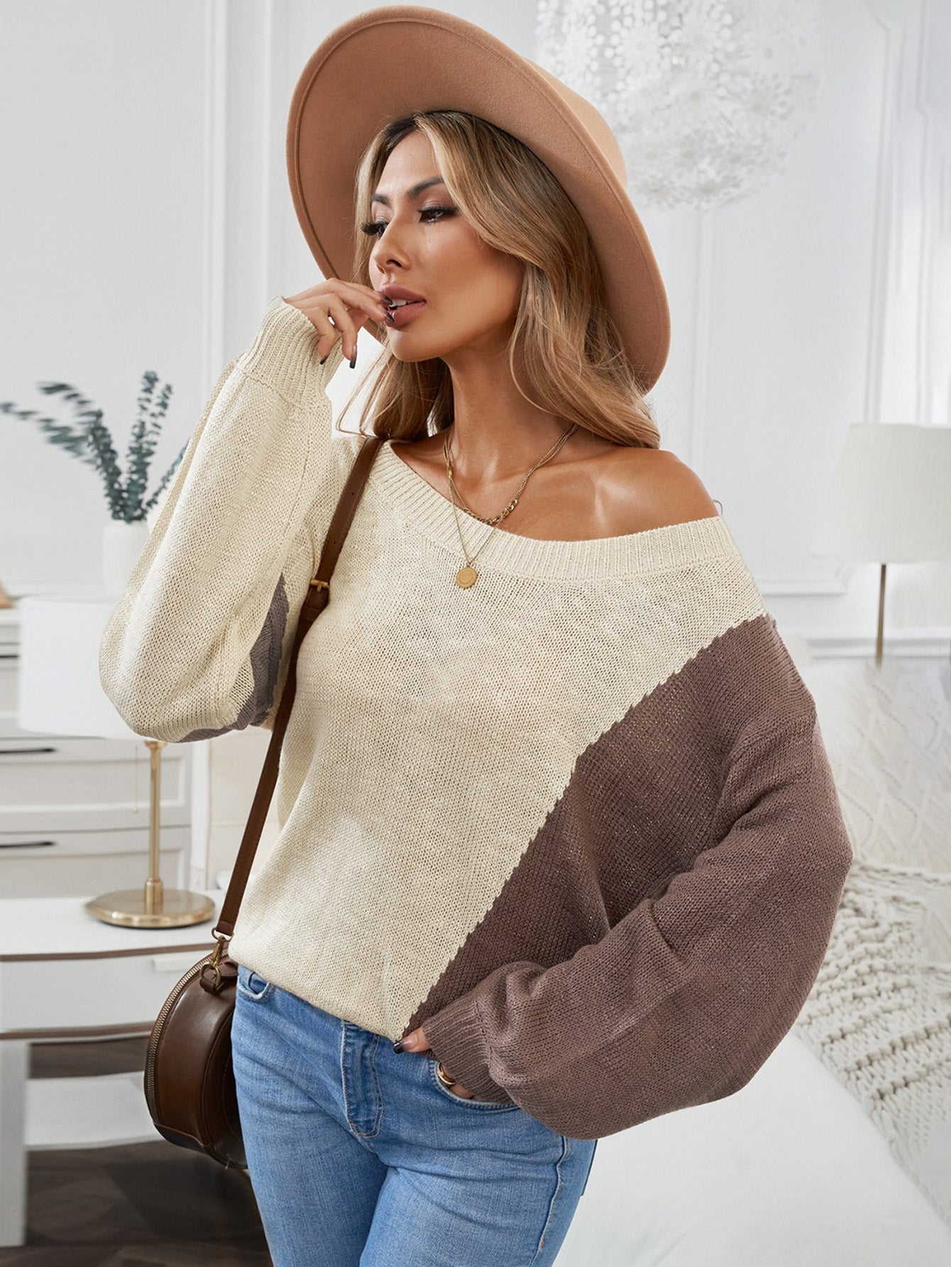 Colorblock Knitted Puff Sleeve Sweater Sai Feel