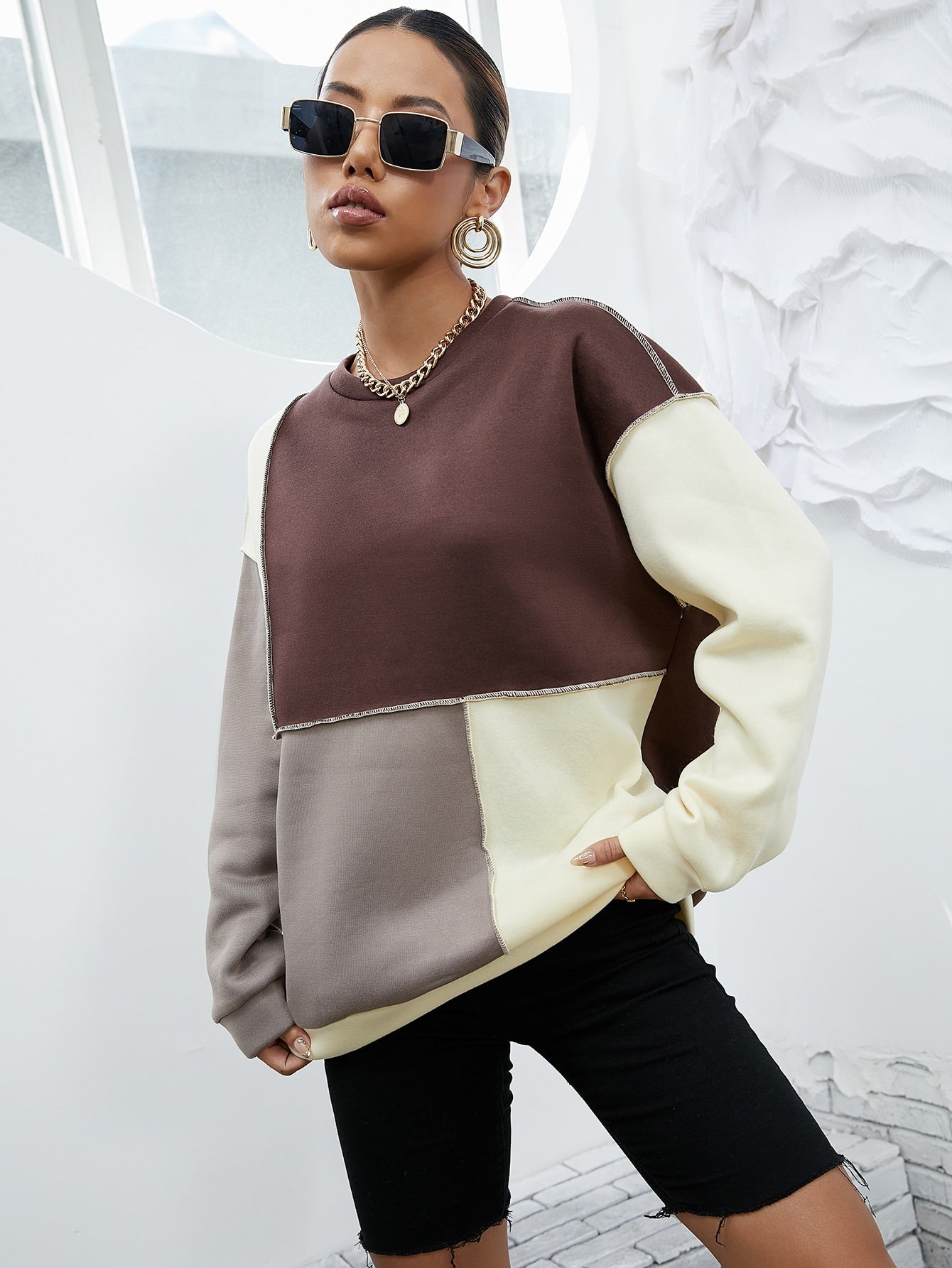 Colorblock Topstitching Drop Shoulder Sweatshirt Sai Feel