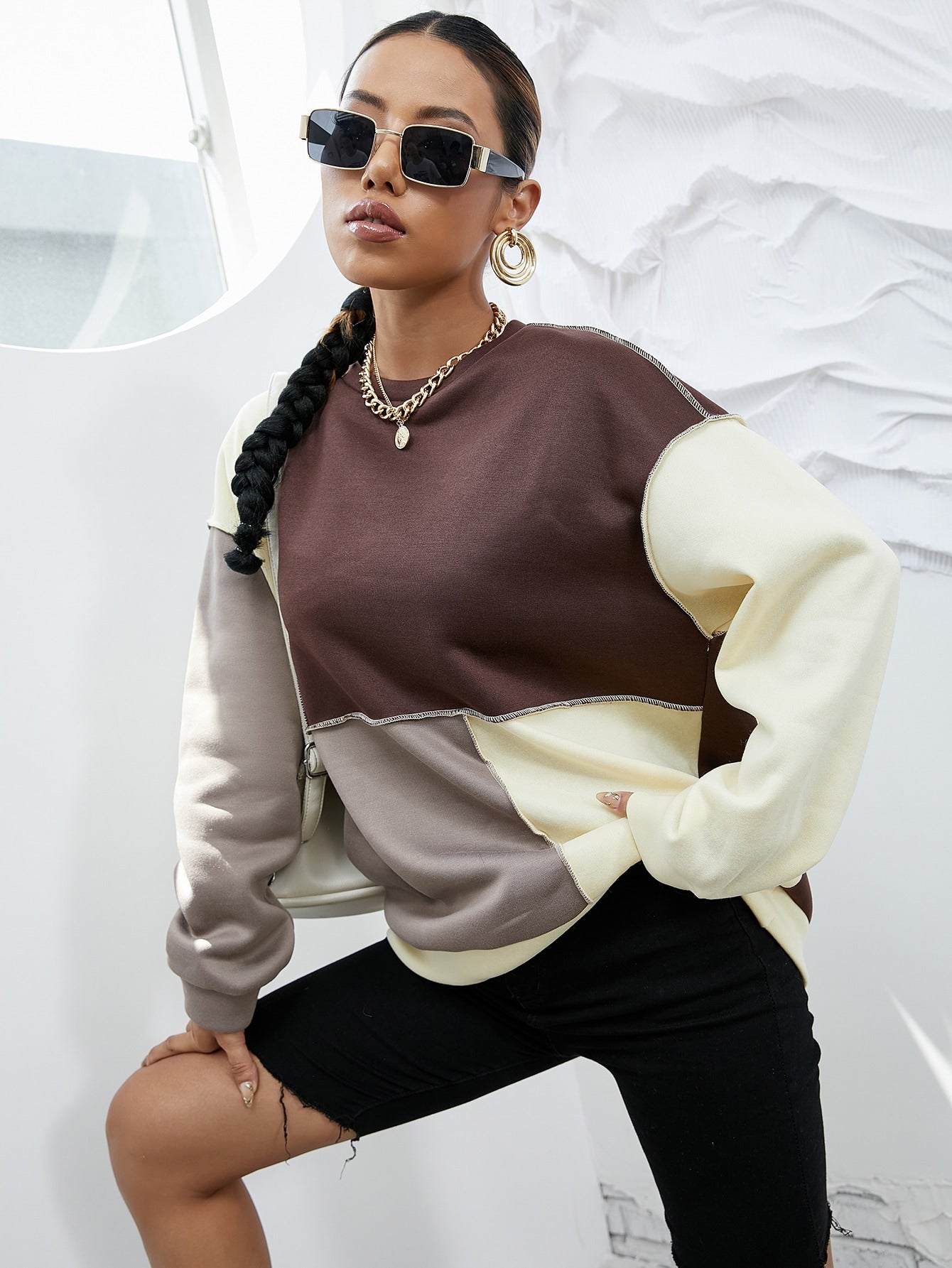 Colorblock Topstitching Drop Shoulder Sweatshirt Sai Feel