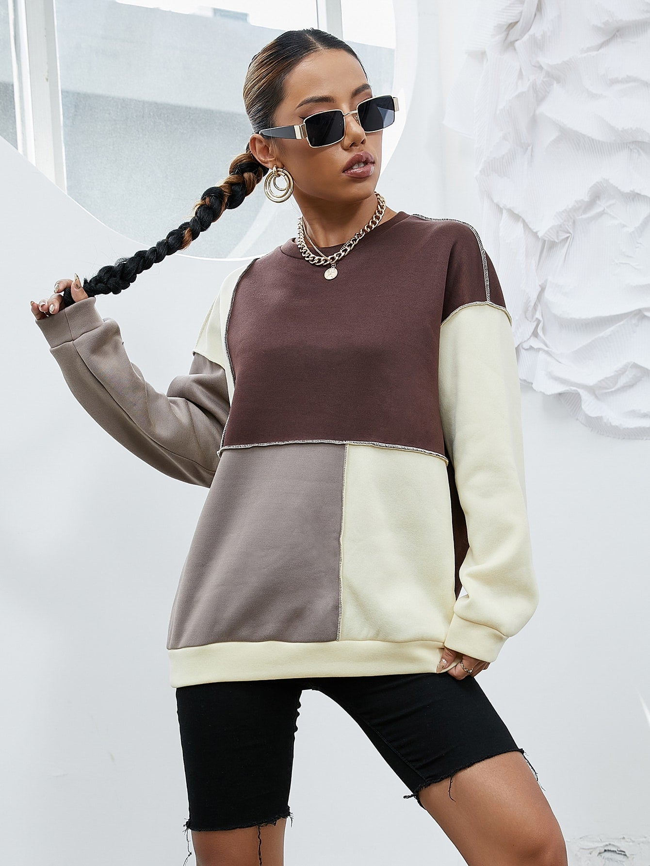 Colorblock Topstitching Drop Shoulder Sweatshirt Sai Feel
