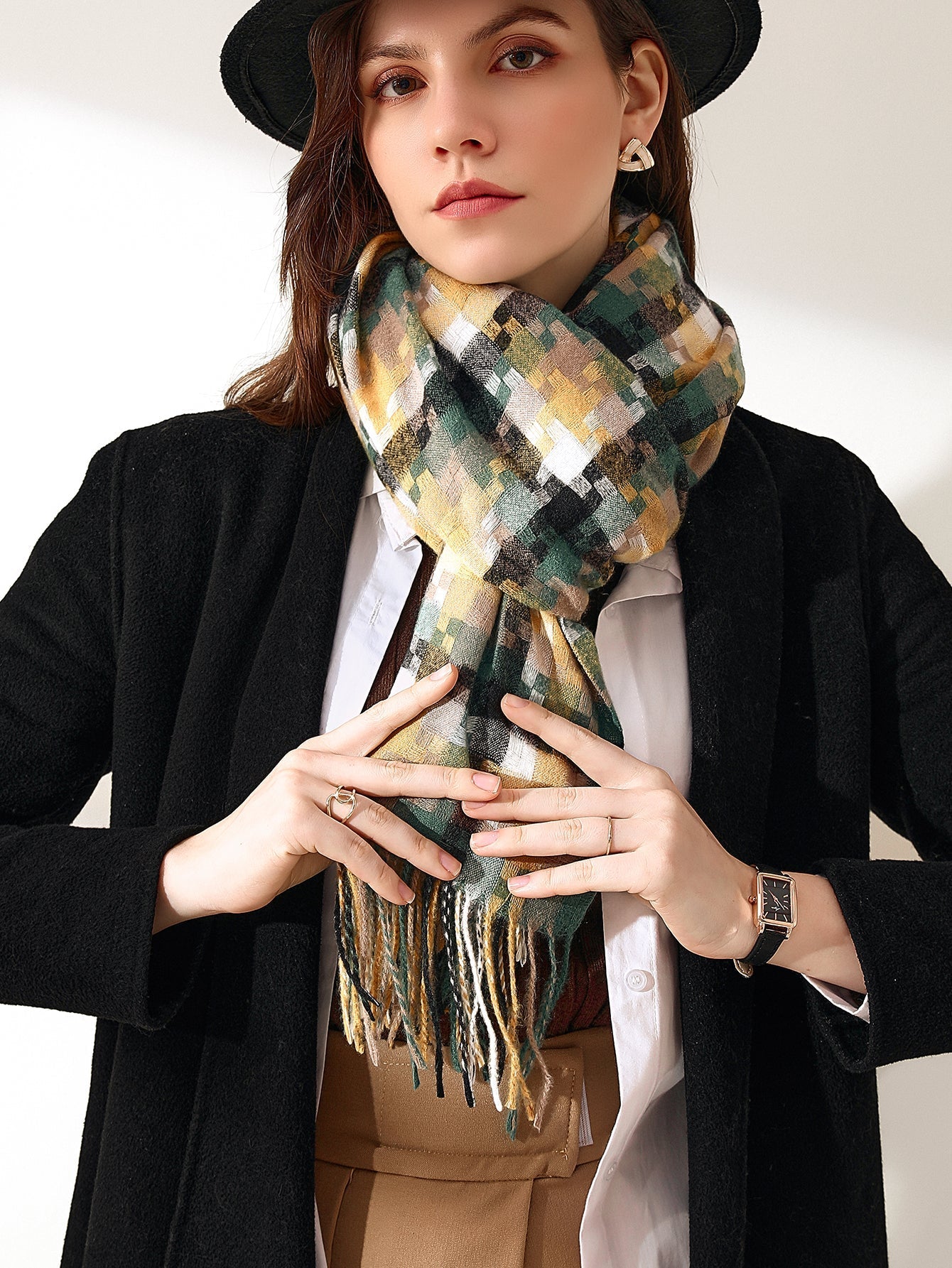 Colorful Mosaic Fringe Hem Scarf Sai Feel