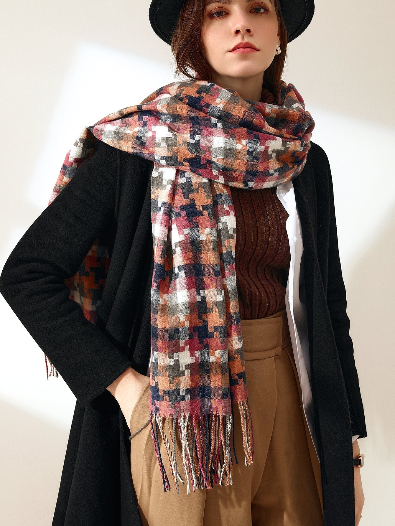Colorful Mosaic Fringe Hem Scarf Sai Feel