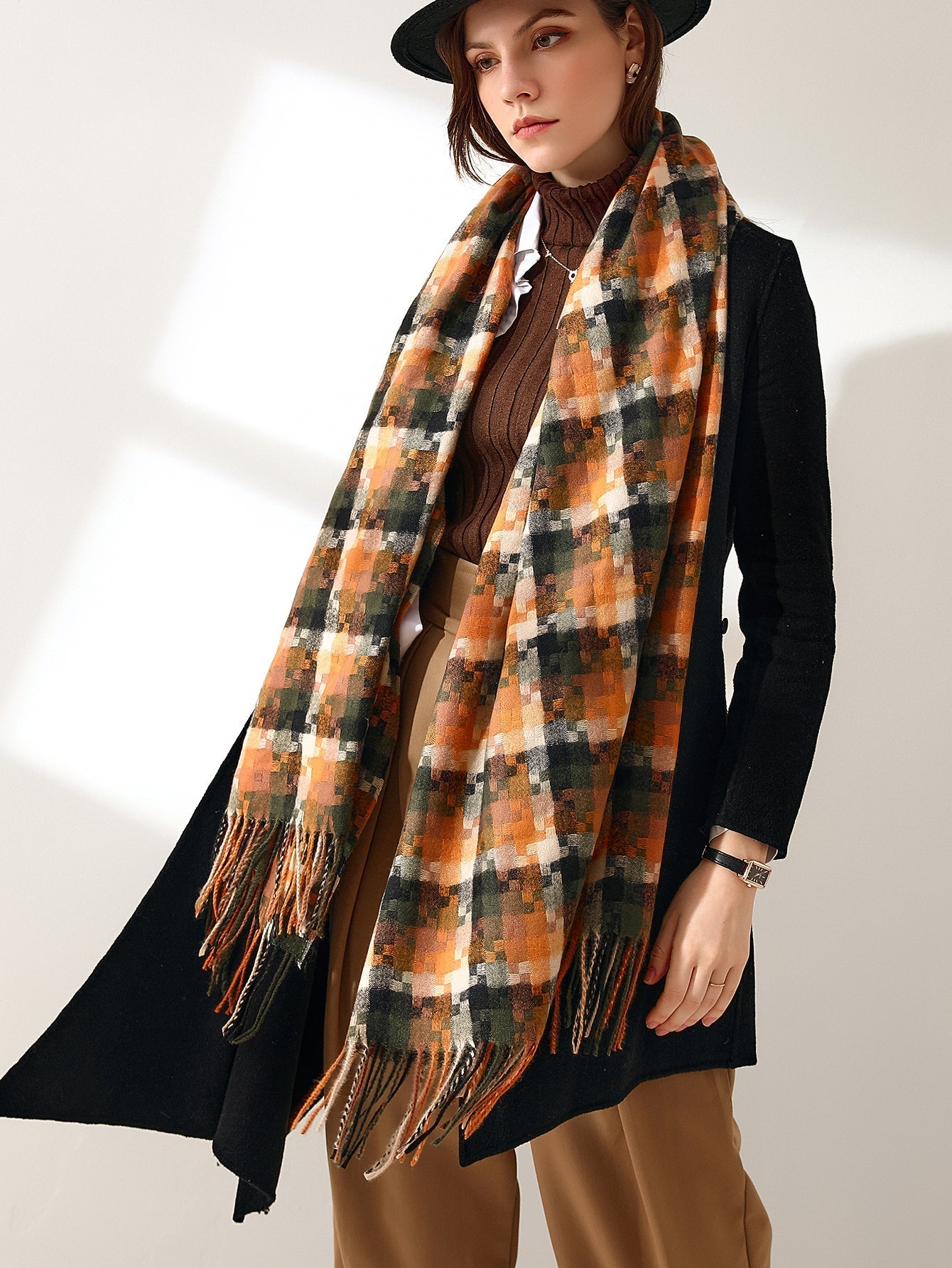 Colorful Mosaic Fringe Hem Scarf Sai Feel