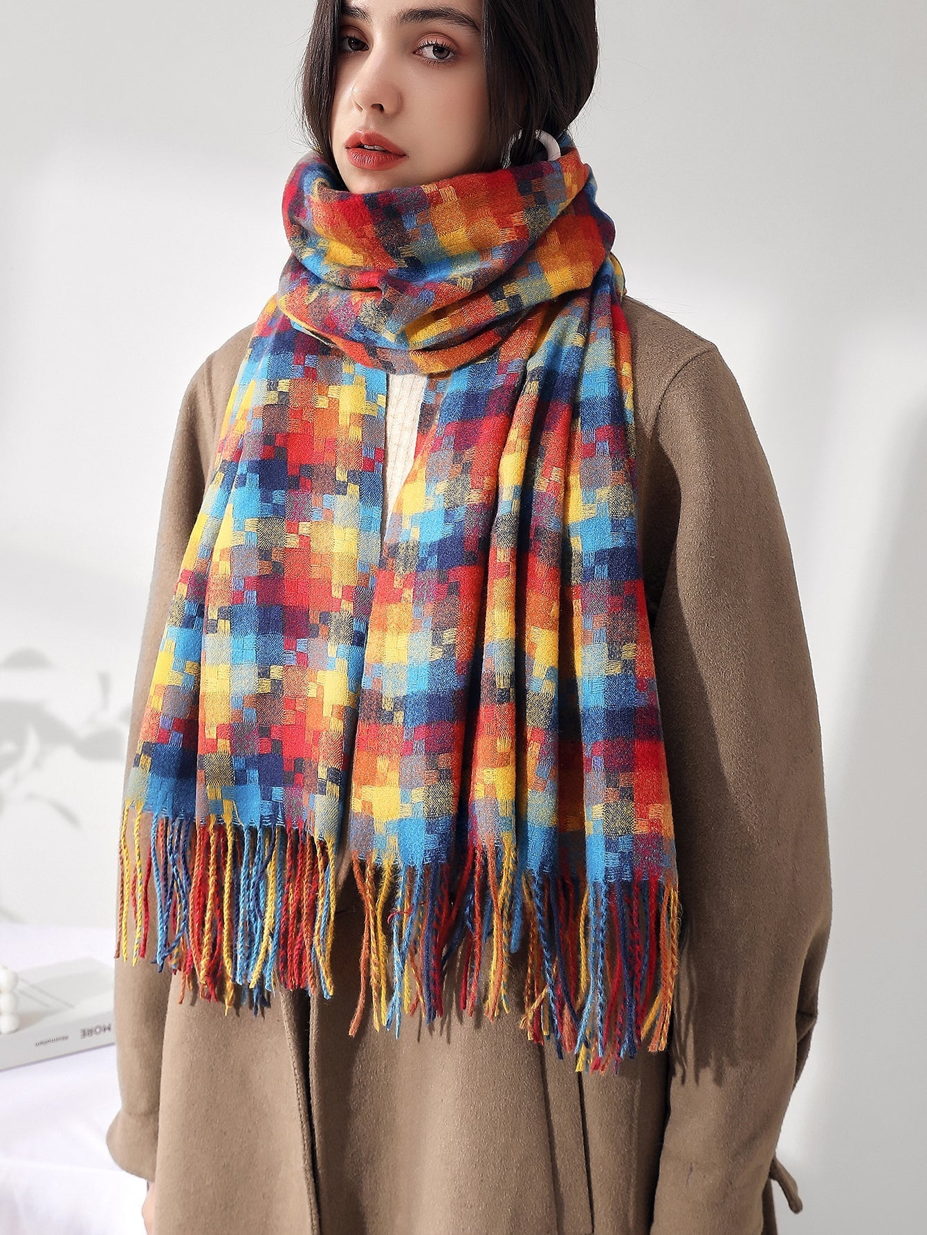 Colorful Mosaic Fringe Hem Scarf Sai Feel