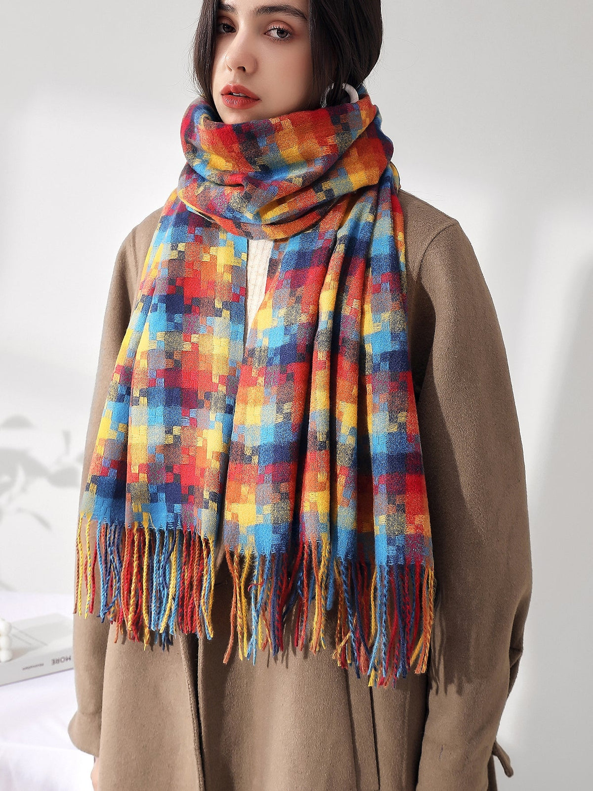 Colorful Mosaic Fringe Hem Scarf Sai Feel