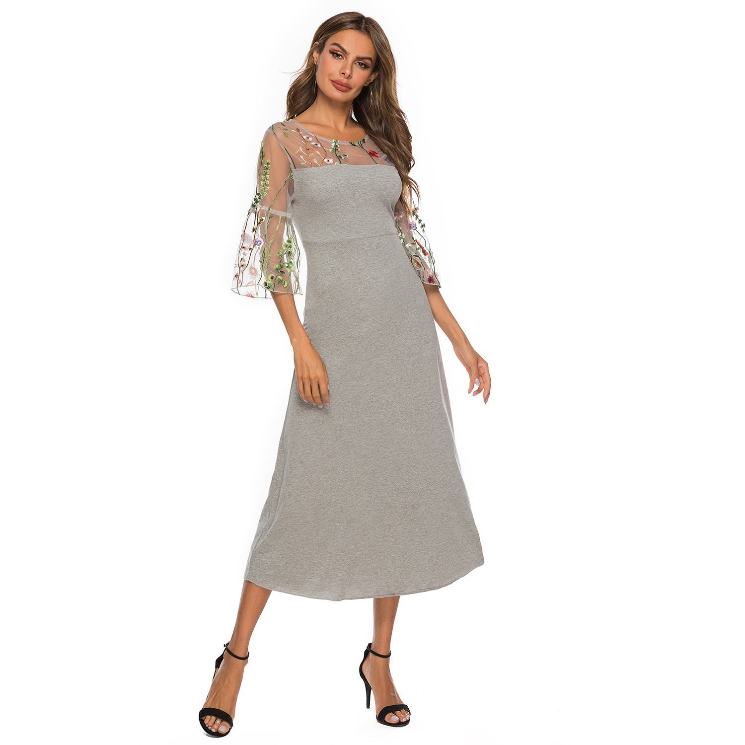 Contrast Embroidery Mesh Sleeve Fitted Dress Sai Feel