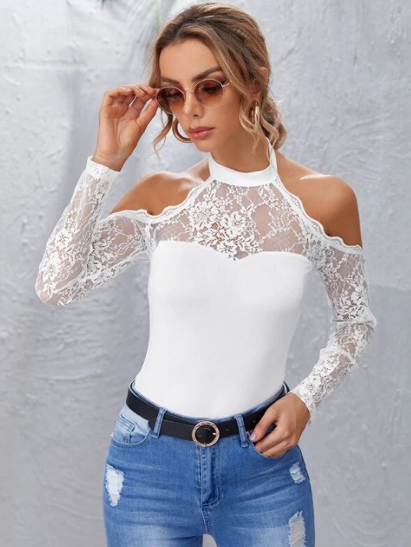 Contrast Lace Cold Shoulder Halter Top Sai Feel