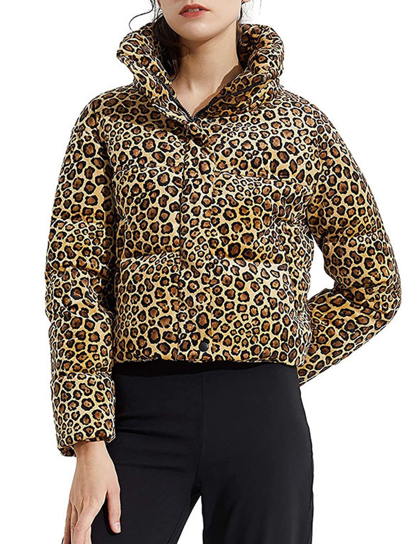 Contrast Leopard Zip Up Winter Coat Sai Feel
