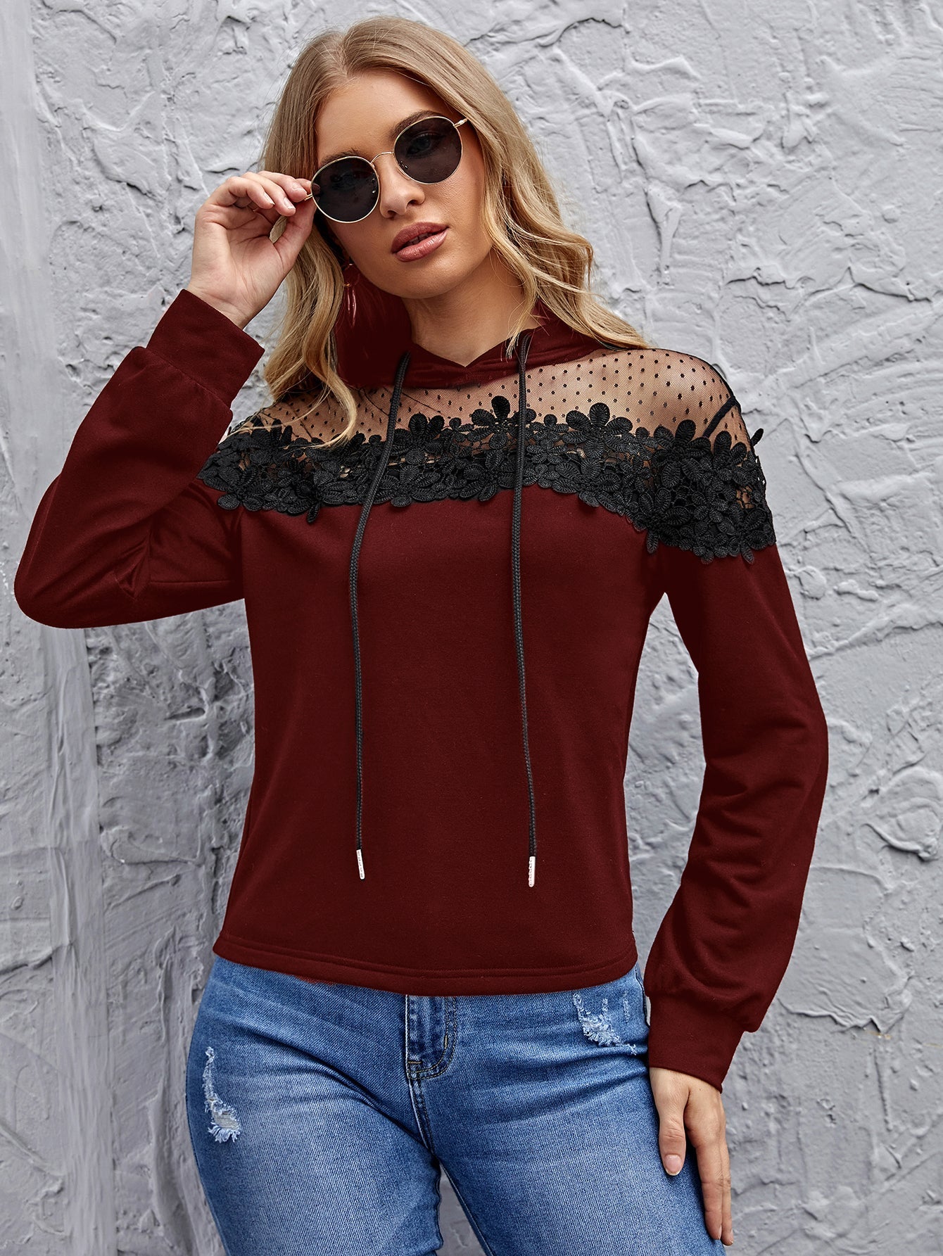 Contrast Mesh & Lace Drawstring Hoodie Sai Feel