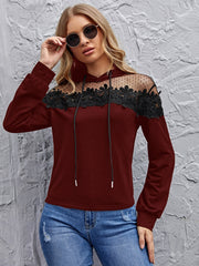 Contrast Mesh & Lace Drawstring Hoodie Sai Feel