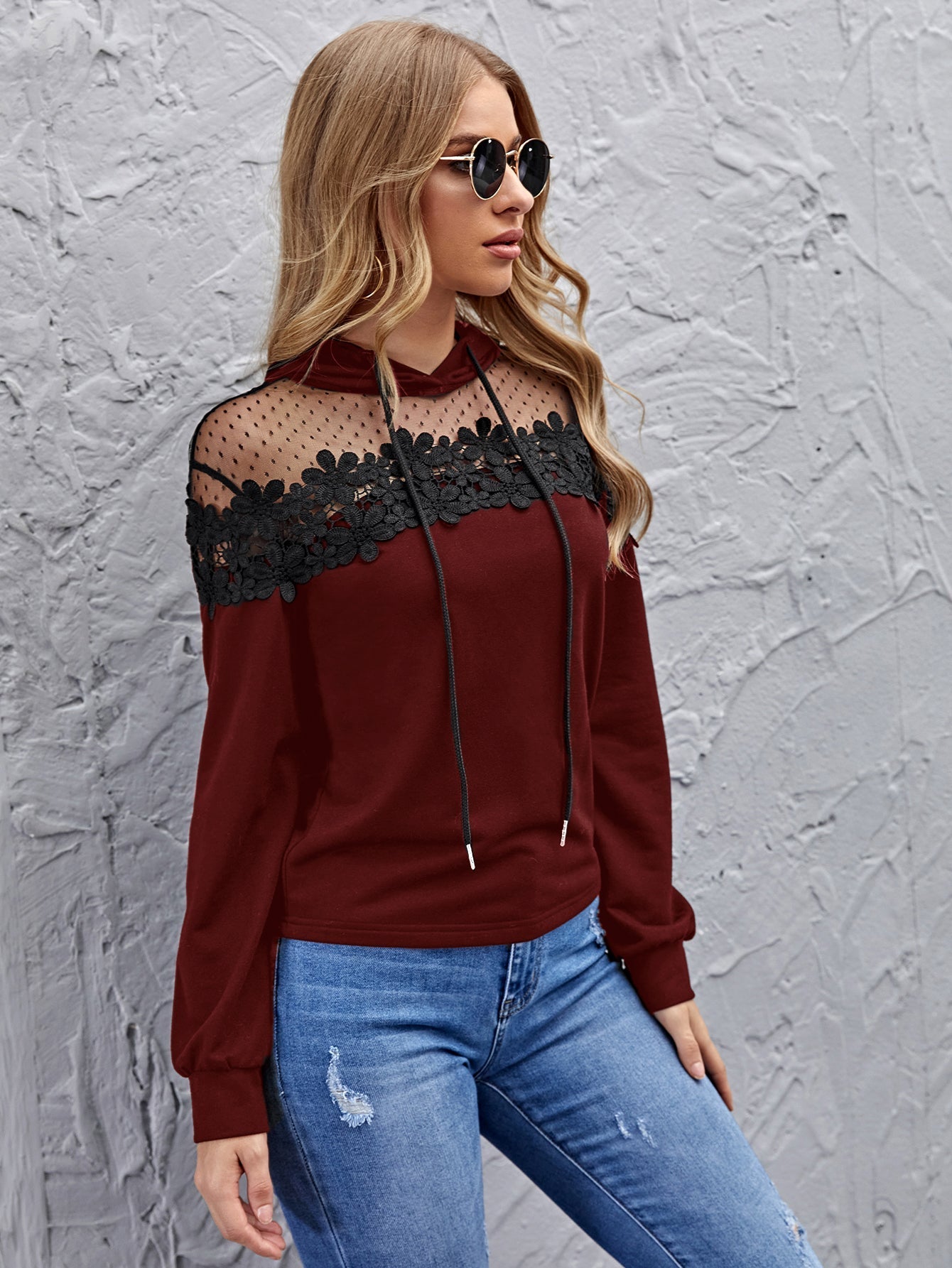 Contrast Mesh & Lace Drawstring Hoodie Sai Feel