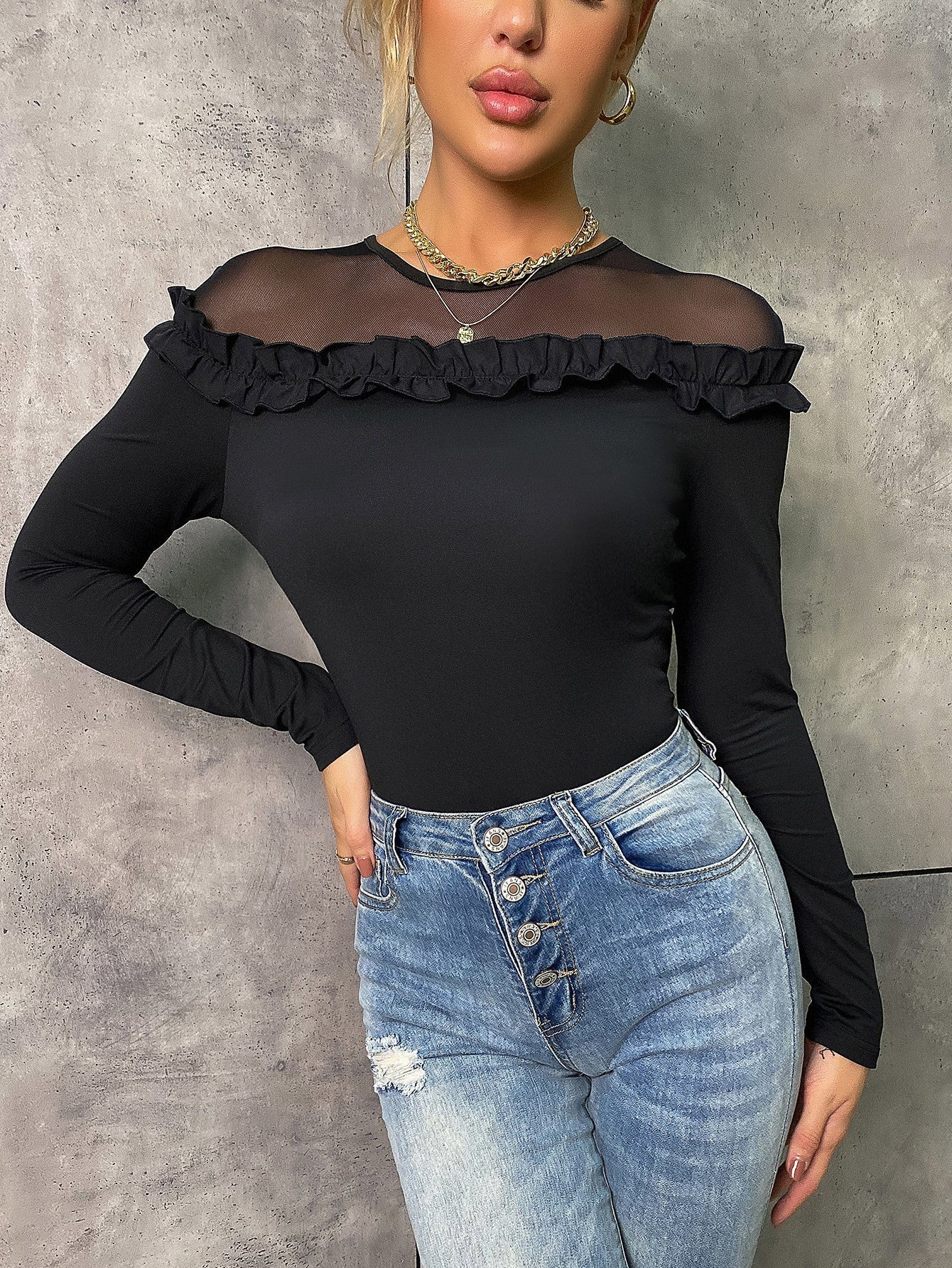 Contrast Mesh Ruffle Trim Tee Sai Feel