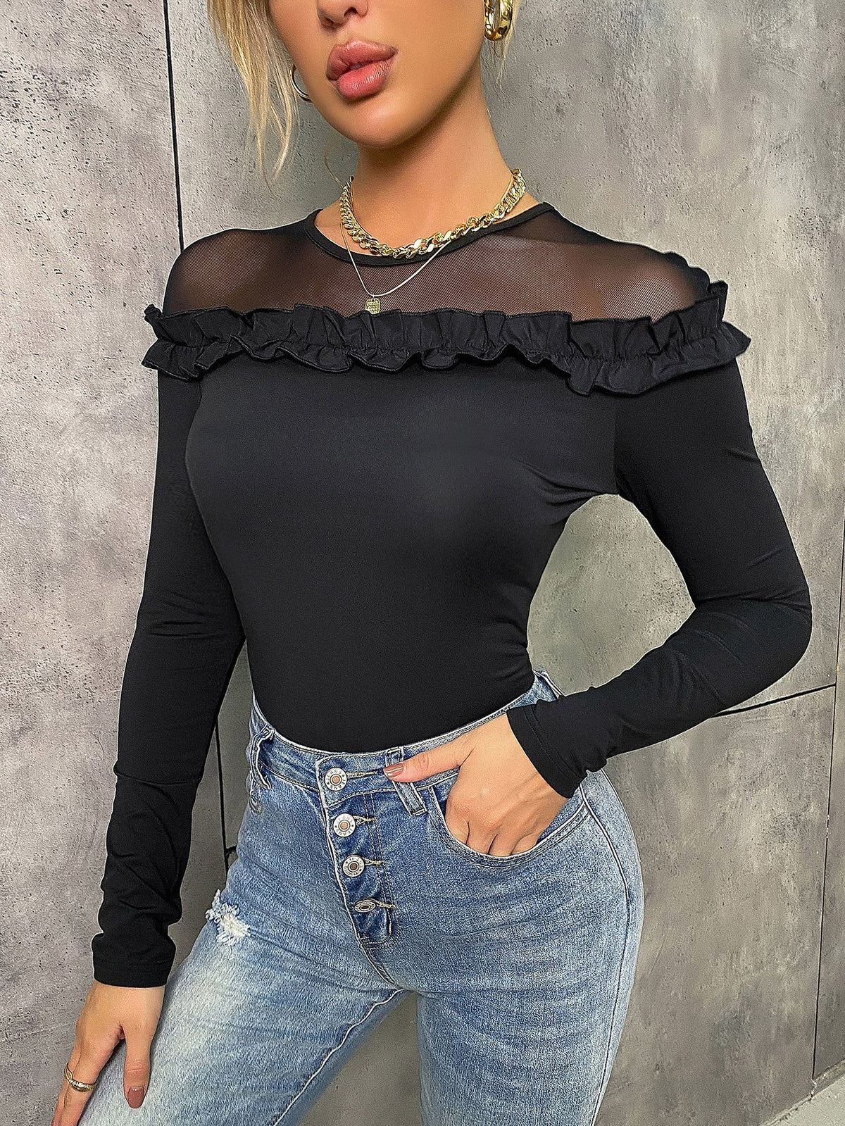 Contrast Mesh Ruffle Trim Tee Sai Feel