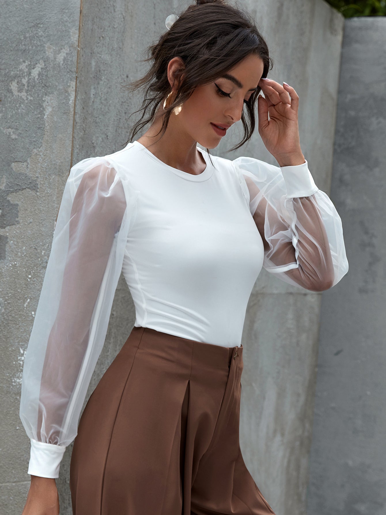 Contrast Sheer Mesh Bishop Sleeve Top Sai Feel