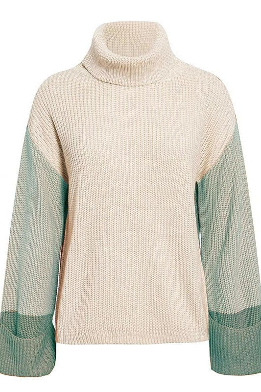 Contrast Sleeve Turn-Up Cuff Turtleneck Sweater Sai Feel