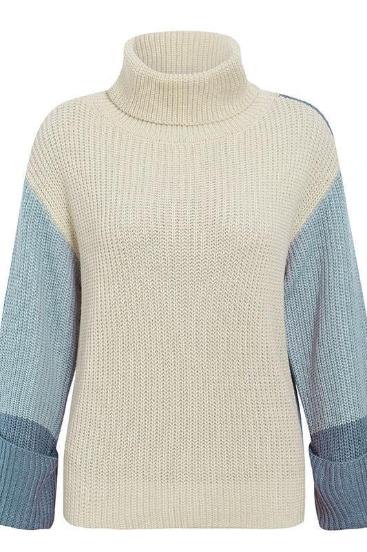 Contrast Sleeve Turn-Up Cuff Turtleneck Sweater Sai Feel