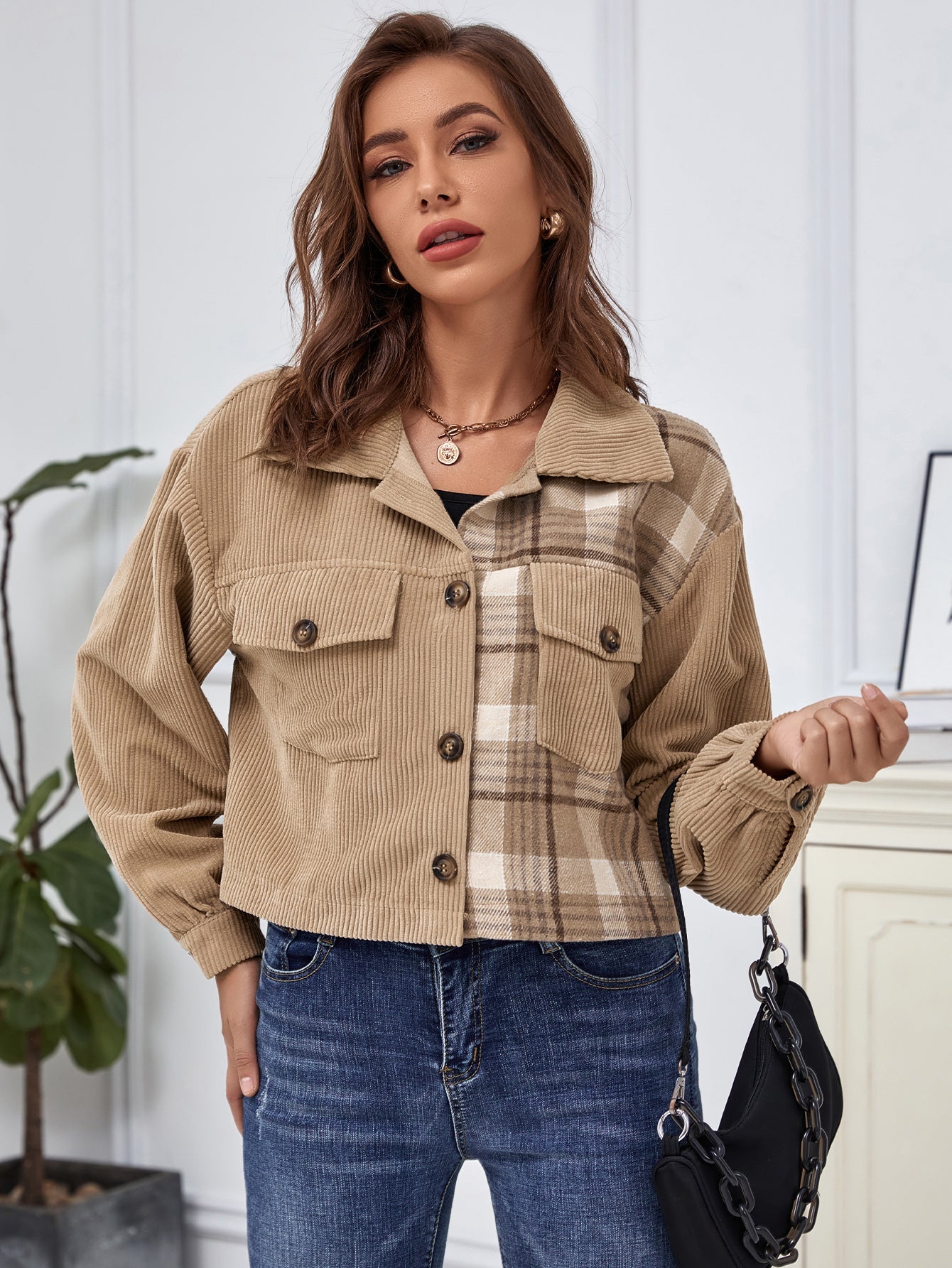 Contrast Tartan Corduroy Crop Jackets Sai Feel