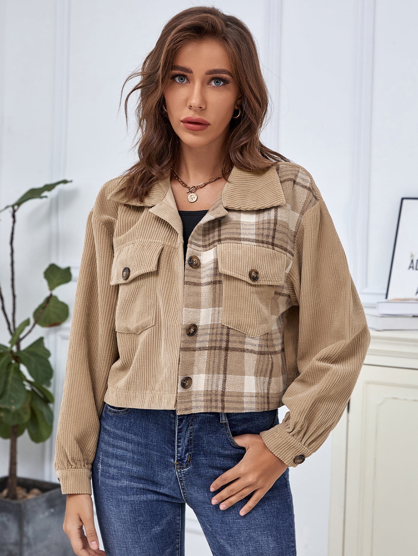 Contrast Tartan Corduroy Crop Jackets Sai Feel