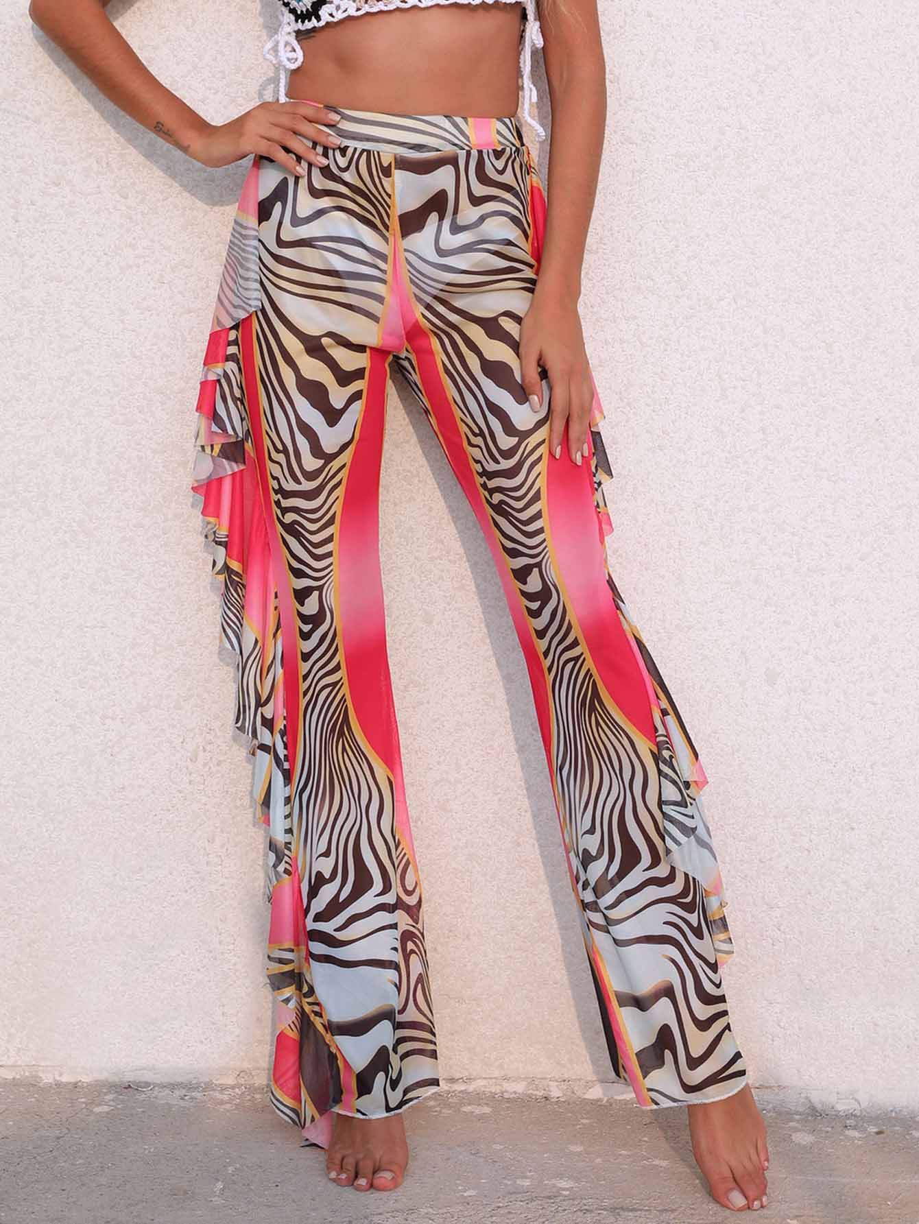 Contrast Zebra Print Ruffle Trim Sheer Cover Up Pants Sai Feel