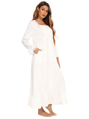 Cotton Lace Trimmed Ruffled Maxi Lounge Dress Sai Feel