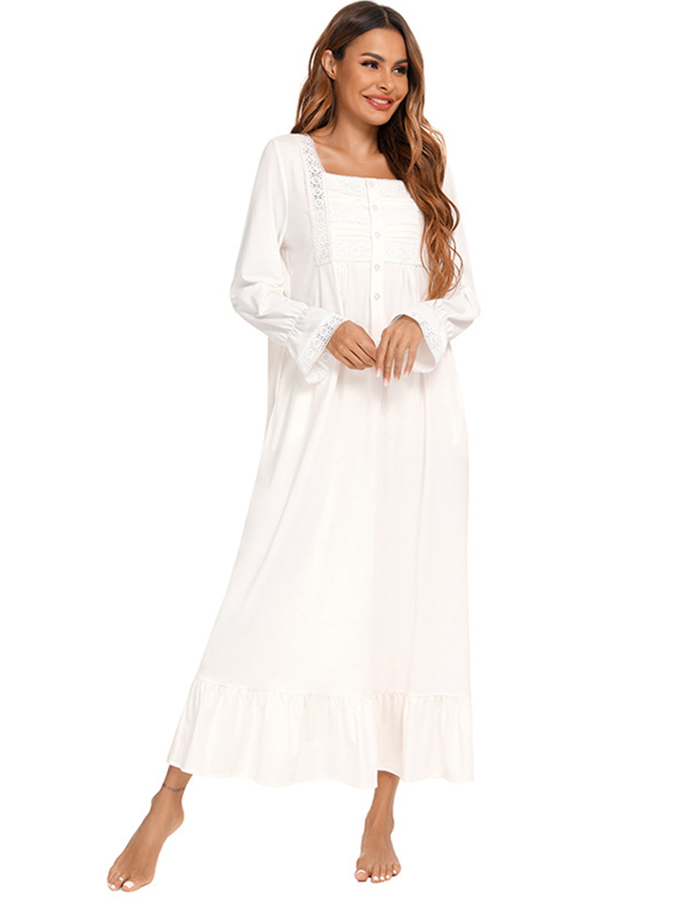 Cotton Lace Trimmed Ruffled Maxi Lounge Dress Sai Feel