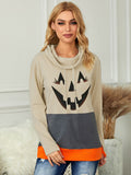 Cowl Neck Pumpkin Pattern Print Long Sleeve Color Block Sweatshirt Sai Feel