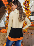 Cowl Neck Pumpkin Pattern Print Long Sleeve Color Block Sweatshirt Sai Feel