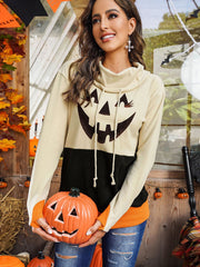 Cowl Neck Pumpkin Pattern Print Long Sleeve Color Block Sweatshirt Sai Feel